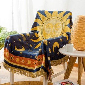 Bohemian Vintage Sun/Moon Retro Reversible Throw Blanket for Sofa/Bed/Dorm/Patio